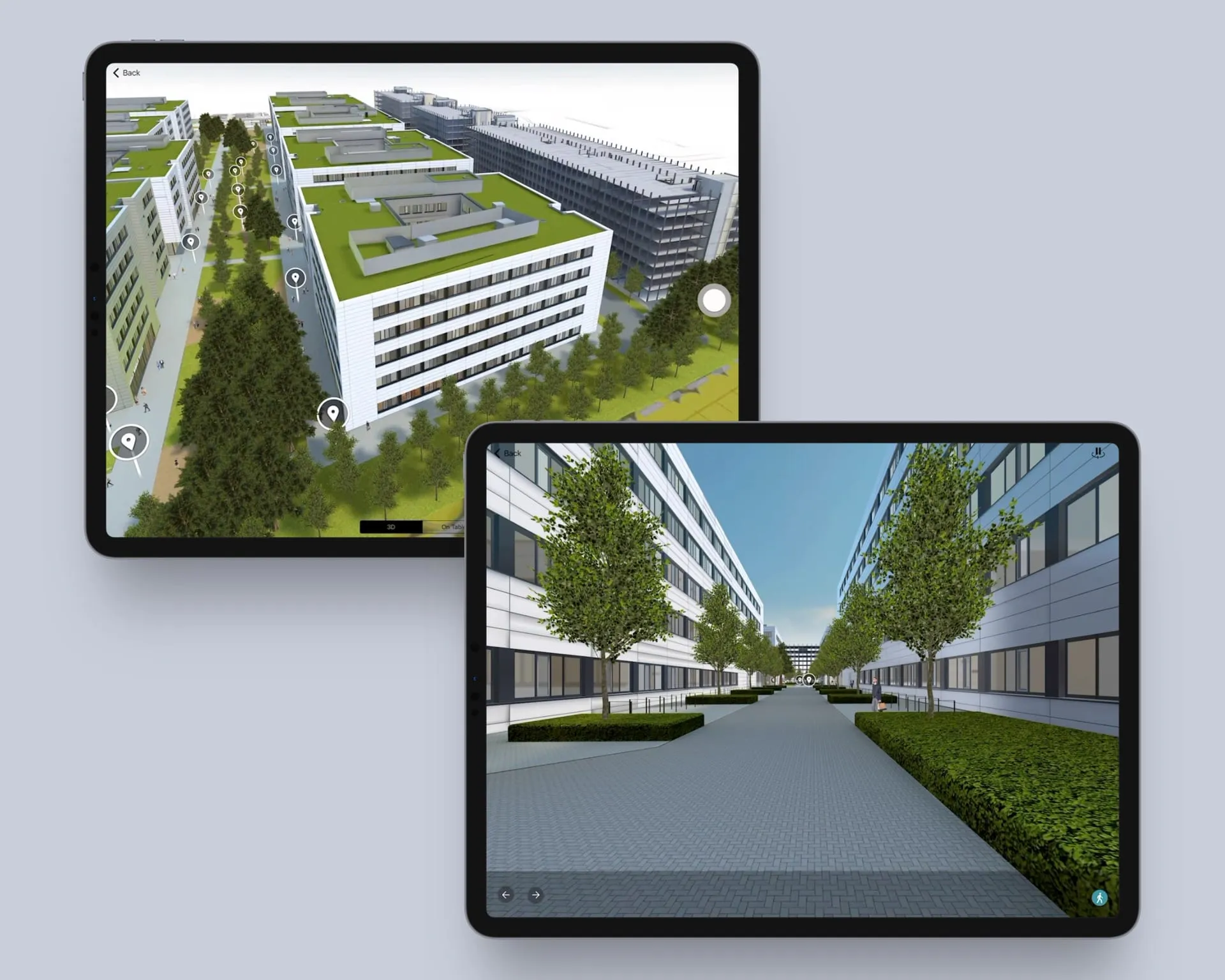 Zwei iPads mit Siemens Campus App – 3D-Luftansicht mit POI-Markierungen und Ego-Perspektive der Fußgängerpromenade zwischen den Gebäuden