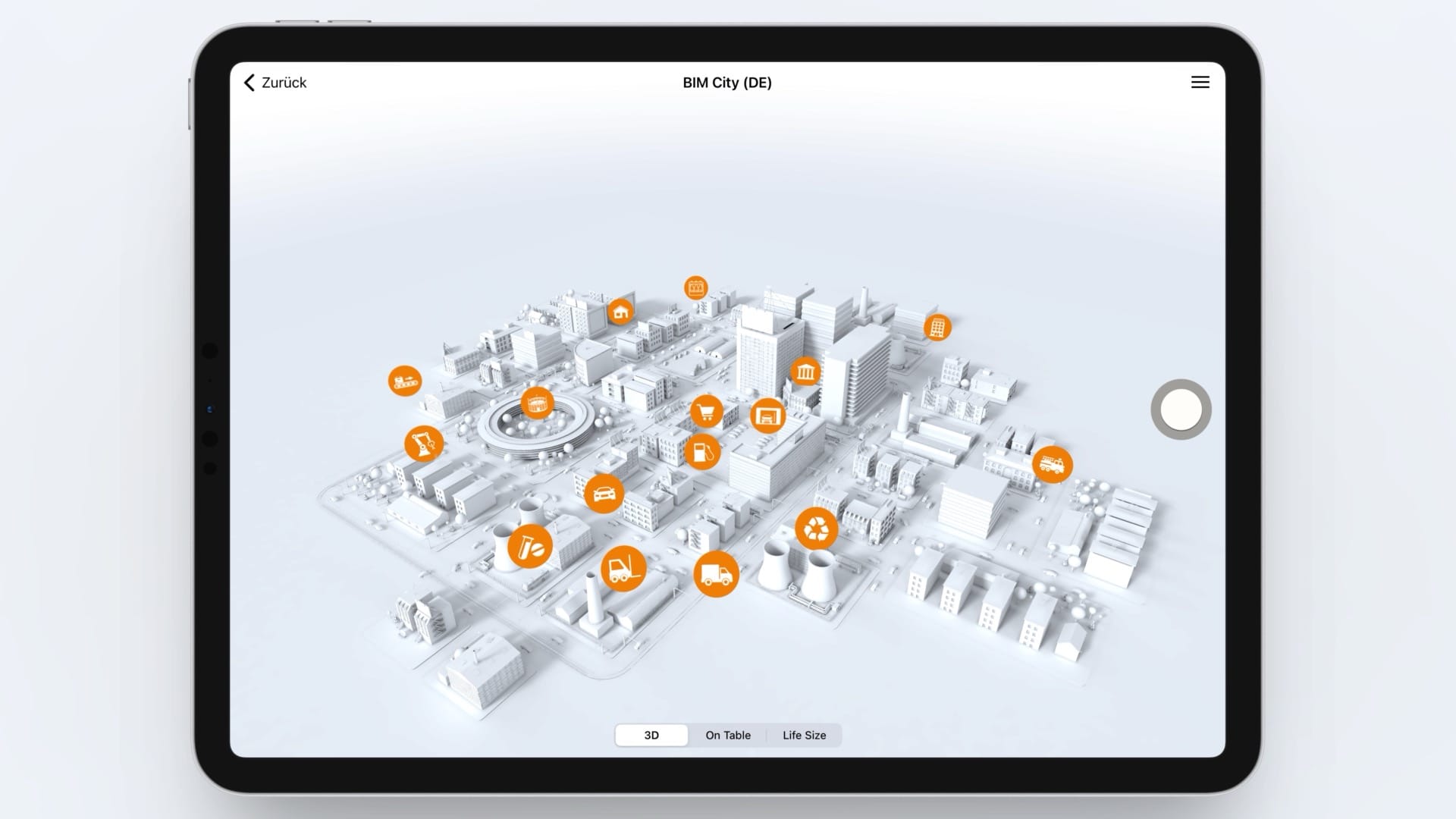 iPad zeigt BIM City 3D-Modell mit Branchen-Icons für EFAFLEX Schnelllauftore