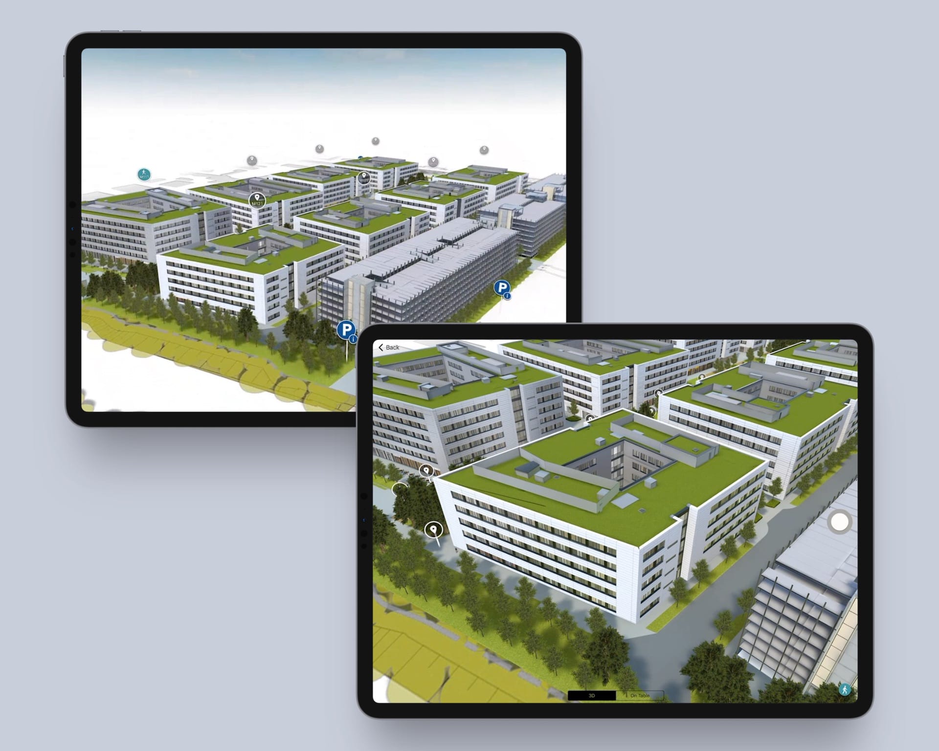 Zwei iPads zeigen das 3D-Modell des Siemens Campus Erlangen aus verschiedenen Perspektiven – Gebäude mit Gründächern und interaktiven Markierungen