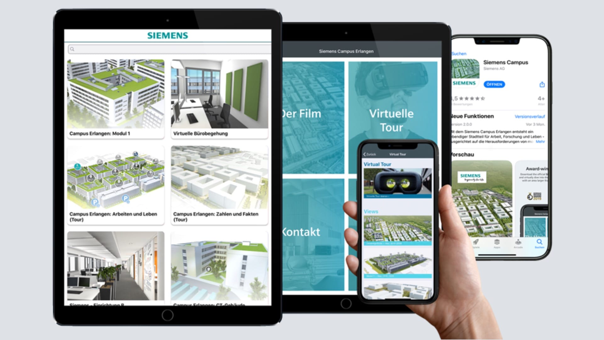 Siemens Campus App auf mehreren Geräten – iPad mit 3D-Inhalten und Touren, iPhone mit Virtual Tour und App Store Ansicht
