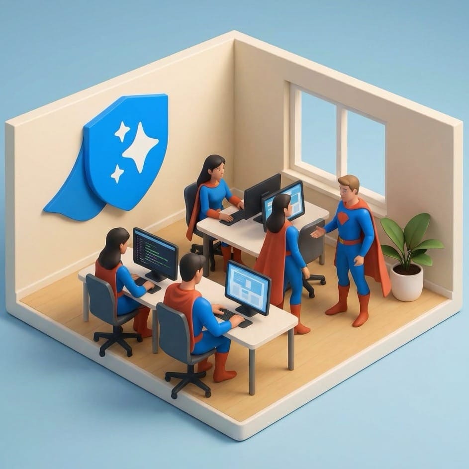 Diorama des Agenturbüros mit Superhelden-Team im Gespräch oder beim arbeiten am Computer